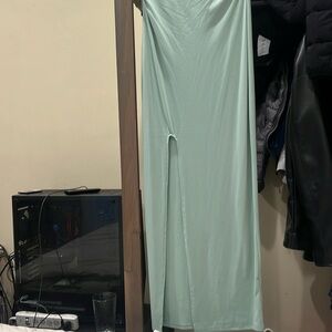 Medium Muted mauvey mint green dress strapless with slit